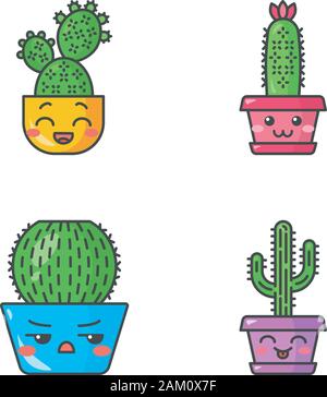 Kakteen niedlich kawaii Vektor Zeichen. Pflanzen mit lächelnden Gesichtern. Lachend Saguaro und Feigenkakteen. Gerne Igel home Kakteen im Topf. Lustige Emoji, e Stock Vektor