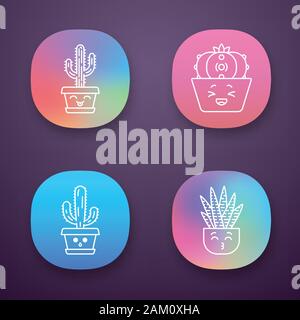 Kakteen App Icons einstellen. Lachend Saguaro und Peyote Kakteen. Küssen zebra Startseite Kakteen. Gedämpfte Elefant Kaktus. UI/UX-Benutzeroberfläche. Web oder mobile Ap Stock Vektor