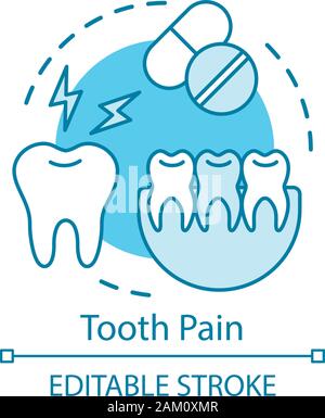 Die Zahnschmerz Konzept Symbol. Zahn weh tut, Schmerzmittel, kiefer Fragment. Einnahme von Analgetika. Zahnschmerzen und Pillen Idee dünne Linie Abbildung. Vektor isoliert o Stock Vektor