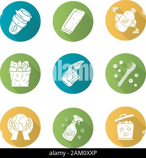 Null Abfall swaps handgefertigte flache Bauweise lange Schatten Glyphe Symbole gesetzt. Umweltfreundliche, ökologische, nachhaltige Produkte. Wiederverwendbare Kaffeetasse, eco Shampoo, Natu Stock Vektor