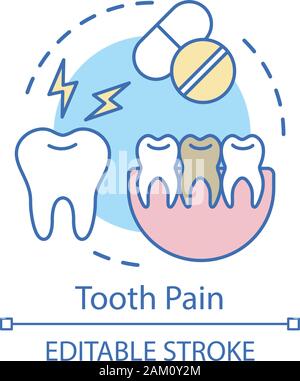 Die Zahnschmerz Konzept Symbol. Zahn weh tut, Schmerzmittel, kiefer Fragment. Einnahme von Analgetika. Zahnschmerzen und Pillen Idee dünne Linie Abbildung. Vektor isoliert o Stock Vektor