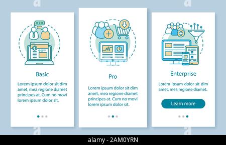 Digitales Marketing tools Abonnement Onboarding mobile App Seite Bildschirm mit linearen Konzepten. Basic Tarifen. Drei exemplarische Vorgehensweise Schritte Grafik instructio Stock Vektor