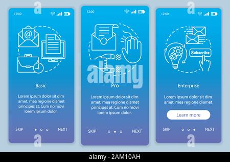 E-Mail Marketing Abonnement Onboarding mobile App Seite Bildschirm vektor Vorlage. Exemplarische Vorgehensweise website Schritte mit linearen Abbildungen. Basic oder pro Tari Stock Vektor