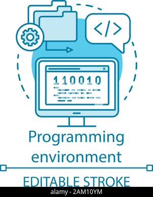 Die Programmierumgebung, Codierung Sprache Konzept Symbol. Software Engineering, Entwicklung von Apps Idee dünne Linie Abbildung. Fehler beheben, Skript schreiben. Stock Vektor