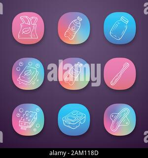 Null Abfall swaps handgefertigte App Icons einstellen. Umweltfreundliche, wiederverwendbare Materialien. Lunch Box, eco Schwämme, Kunststoff Flasche. UI/UX-Benutzeroberfläche. Web oder Mobil Stock Vektor