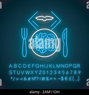 Flug Mittagessen Neonlicht Symbol. Das Essen auf dem Teller. Flugzeug Ernährung. Besteck. Ebene Abendessen. Jet-Menü. Aviation Service. Leuchtende Zeichen mit Alphabet, Anzahl Stock Vektor