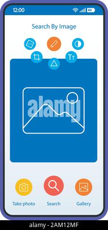 Suche nach Bild smartphone Schnittstelle vektor Vorlage. Mobile App Seite weiß Design Layout. Online Fotobearbeitung. Filter, Effekte anwenden. Flach Stock Vektor