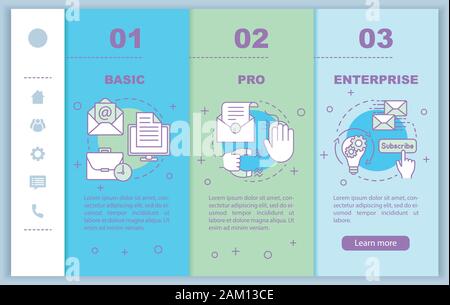 E-Mail Marketing Abonnement Onboarding mobile web Seiten vektor Vorlage. PRO-Tarif. Reaktionsschnelle smartphone website Schnittstelle Idee, lineare illustratio Stock Vektor