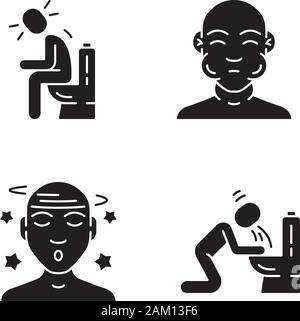 Lebensmittelvergiftung, Allergie Glyphe Symbole gesetzt. Müdigkeit, Unwohlsein, Schwindel Krankheit. Mumps, grippeartige Symptome. Silhouette Symbole. Erbrechen, Durchfall, Verstopfung Stock Vektor