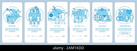 Reisen Stile Onboarding mobile App Seite Bildschirm mit linearen Konzepten. Luxus und Multisport Tour. Sechs exemplarische Vorgehensweise Schritte grafische Anweisungen. Solo tri Stock Vektor