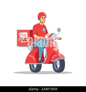 Pizza Delivery flachbild Vector Illustration. Männliche Kurier bei scooter Bereitstellung von Mahlzeiten, frisch Snack isoliert Comicfigur auf weißem Hintergrund. Ungerade Arbeit, Stock Vektor