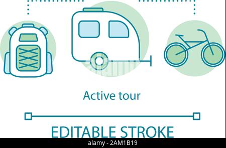 Aktiv tour concept Symbol. Reisen stil Idee dünne Linie Abbildung. Extreme Tourismus. Ski Resort. Wald Wandern und Radfahren. Camping trailer. Vektor ist Stock Vektor
