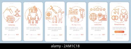 Reisen Stile Onboarding mobile App Seite Bildschirm mit linearen Konzepten. Solo Reise. Sechs exemplarische Vorgehensweise Schritte grafische Anweisungen. Luxus und Multisport tou Stock Vektor