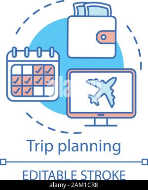 Reise Planung Konzept Symbol. Reisen Idee dünne Linie Abbildung. Online Tickets buchen. Rabatte, Sonderangebote. Reisebüro. Abflug Stock Vektor