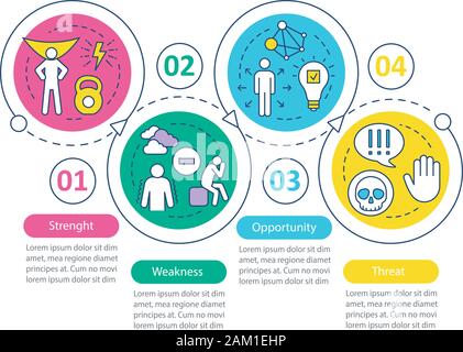 SWOT-Analyse Infografik Vorlage. Business Presentation Design Elemente. Daten Visualisierung mit 4 Schritte und Optionen. Prozess Timeline Chart. Workfl Stock Vektor