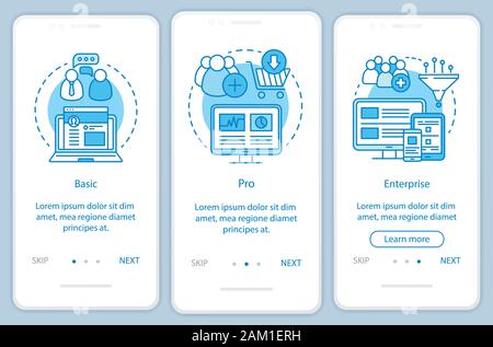 Digitales Marketing tools Abonnement Onboarding mobile App Seite Bildschirm mit linearen Konzepten. Drei exemplarische Vorgehensweise Schritte grafische Anweisungen. Basic tarif Stock Vektor