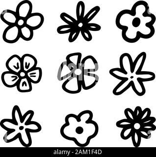 Set cute cartoon Blumen. Umrisse schwarzen Elementen. Hochzeit Dekor. Vektor Hand gezeichnet doodle Abbildung. Design Kind buchen, Drucken t shirt, Logo organische Stock Vektor