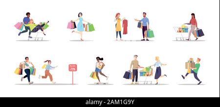 Shopping flachbild Vektorgrafiken. Menschen mit Taschen, Einkäufe isoliert cartoon Zeichen auf weißem Hintergrund. Angebot, Saisonfinale sa Stock Vektor
