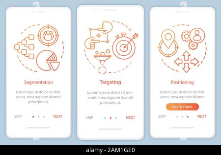 STP orange gradient Onboarding mobile App Seite Bildschirm vektor Vorlage. Markt Strategie und Positionierung walkthrough website Schritte mit linearen illustr Stock Vektor