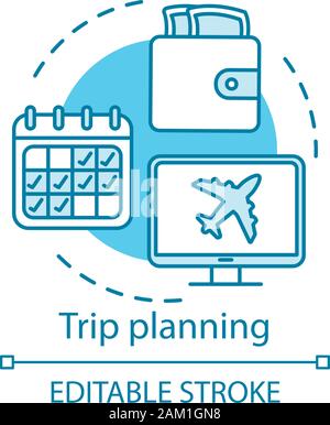 Reise Planung Konzept Symbol. Reisen Idee dünne Linie Abbildung. Online Tickets buchen. Rabatte, Sonderangebote. Flug Abflug Datum. Reisen Ag Stock Vektor