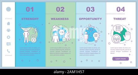 SWOT-Analyse Onboarding mobile web Seiten vektor Vorlage. Reaktionsschnelle smartphone website Schnittstelle Idee mit linearen Abbildungen. Webseite exemplarische Vorgehensweise Stock Vektor