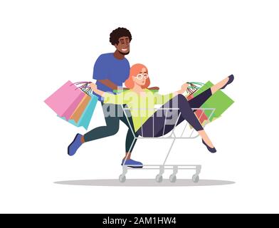 Junge Menschen, die Einkaufen flachbild Vector Illustration. Shopaholics isoliert cartoon Zeichen auf weißem Hintergrund. Geschenke, Taschen. Mädchen in der Katze. Ha Stock Vektor