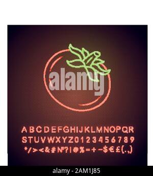 Tomate Neonlicht Symbol. Salat Zutat. Landwirtschaft Anlage. Veganes essen. Gesunde Ernährung. Pflanzliche Farm. Ketchup Zutat. Leuchtende Zeichen mit Alphabet, Stock Vektor