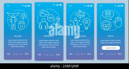 SWOT-Analyse blauen Gradienten Onboarding mobile App Seite Bildschirm vektor Vorlage. Stärken, Schwächen, Chancen, Bedrohungen walkthrough website Schritte mit Stock Vektor