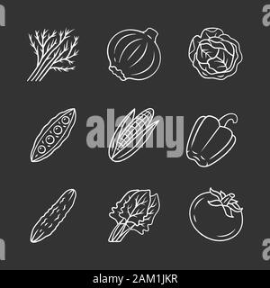 Gemüse chalk Symbole gesetzt. Kartoffeln, Kohl, Karotten, Pfeffer. Suppe und Salat Zutaten. Vitamin- und Ernährung. Vegane und vegetarische Kost. Gesunde nutritio Stock Vektor