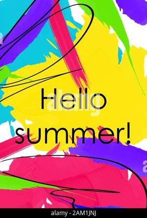 Hallo Sommer abstrakt Bunte banner Vorlage. Ferien, Urlaub Nachricht auf dynamischen pinselstrichen Hintergrund. Chaotische Farbe Flecken Postkarte design l Stock Vektor