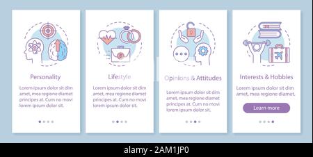 Psychographie targeting Onboarding mobile App Seite Bildschirm mit linearen Konzepten. Persönlichkeit, Lebensstil walkthrough Schritte grafische Anweisungen. UX, Benutzeroberfläche Stock Vektor