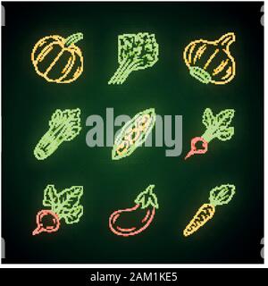 Gemüse Neon Licht Symbole gesetzt. Kürbis, Zuckerrüben, Mais, Tomaten, Auberginen, Paprika. Vitamin. Diät. Gesunde Ernährung. Vegetarisches Essen. Leuchtende Zeichen. Vect Stock Vektor