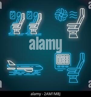 Aviation Services Neon Licht Symbole gesetzt. Ebene. Flugzeug bequeme Sitzgelegenheiten. Passagiere, die im Salon. Flugzeug reisen. Reise. Glowin Stock Vektor