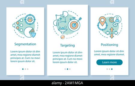 STP Onboarding mobile App Seite Bildschirm mit linearen Konzepten. Marktstrategie. Segmentierung, Positionierung, Ausrichtung walkthrough Schritte Grafik instructio Stock Vektor