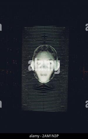 3D-Gesichtserkennungsdaten werden in einem Smartphone-Konzept kopiert. 3D-Hologrammprojektion Stockfoto