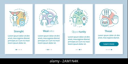 SWOT-Analyse Onboarding mobile App Seite Bildschirm mit linearen Konzepten. Stärken, Schwächen, Chancen, Bedrohungen walkthrough Schritte grafische Anweisungen. Stock Vektor