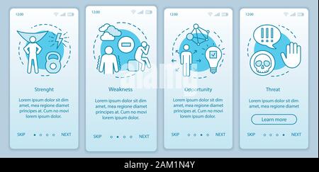 SWOT-Analyse türkis gradient Onboarding mobile App Seite Bildschirm vektor Vorlage. Stärken, Schwächen, Chancen, Bedrohungen walkthrough website Schritte Stock Vektor