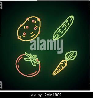 Gemüse Neon Licht Symbole gesetzt. Kartoffel, Gurke, Tomate, Karotte. Vitamin- und Ernährung. Gesunde Ernährung Bestandteil. Vegetarisches Essen. Leuchtende Zeichen. Vec Stock Vektor