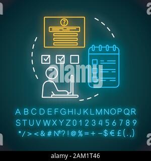 Fähigkeiten Tests Neon Licht Konzept Symbol. Vor - Beschäftigung Job Interview test Idee. Leuchtende Zeichen mit Alphabet, Zahlen und Symbolen. Berufliche Entwicklung, Chu Stock Vektor