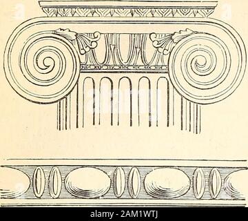 Ein Wörterbuch der Griechischen und Römischen Antiquitäten. . Kapital, wie in der folgenden holzschnitt dargestellt, eine Ionische whichrepresents Kapital in den Ruinen von thetemple des Dionysos gefunden In Teos. Noch feinere examplesoccur in den Hauptstädten der Tempel der Athene Polias Erechtheusand, in Athen, wo es zu sehen ist, auch auf den Seiten der voluten. Es ist auch oft verwendet das Gebälk als Kantenschutz auf die Sparten Gesims, Frieze ofthe, und architrav. Die lowerfigure Im Holzschnitt stellt einen Teil der theastragal das läuft unter der Krönung moldingof der Architrav des Tempels des Erechtheus. Itis tak Stockfoto