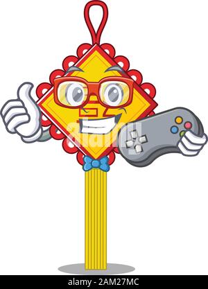 Smiley Gamer chinesischer Knoten Cartoon Maskottchen Stil Stock Vektor