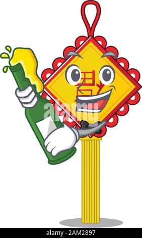 Mascot Cartoon-Design des chinesischen Knotens mit einer Flasche Bier Stock Vektor