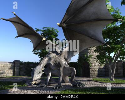 Fantasy Dragon und mittelalterliche Turm 3D-Illustration Stockfoto