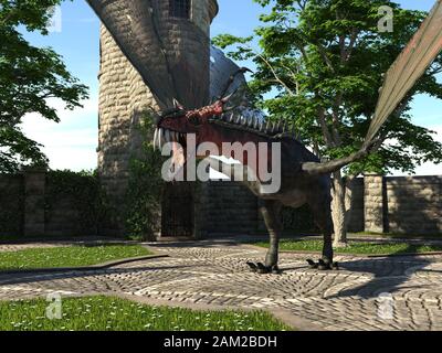 Fantasy Dragon und mittelalterliche Turm 3D-Illustration Stockfoto