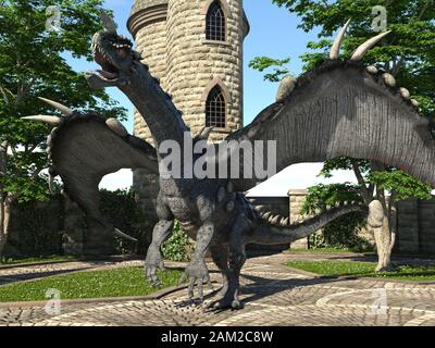 Fantasy Dragon und mittelalterliche Turm 3D-Illustration Stockfoto