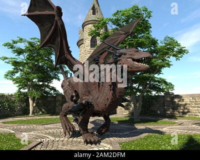 Fantasy Dragon und mittelalterliche Turm 3D-Illustration Stockfoto