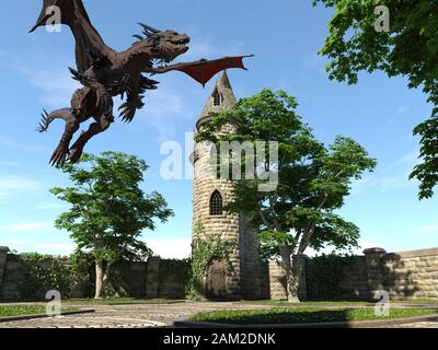 Fantasy Dragon und mittelalterliche Turm 3D-Illustration Stockfoto