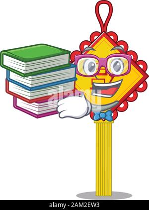 Cooler und cleverer chinesischer Studenten-Maskottchen-Cartoon mit Buch Stock Vektor