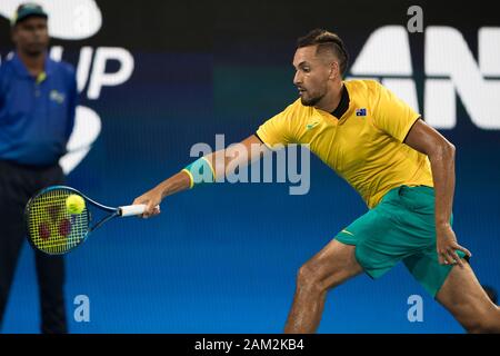 Sydney, Australien. 11 Jan, 2020. Nick Kyrgios von Australien spielt einen Schuß während der 2020 ATP-Cup Halbfinale am Ken Rosewall Arena, Sydney, Australien am 11. Januar 2020. Foto von Peter Dovgan. Credit: UK Sport Pics Ltd/Alamy leben Nachrichten Stockfoto