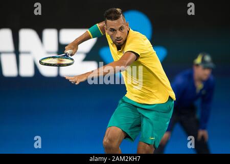 Sydney, Australien. 11 Jan, 2020. Nick Kyrgios von Australien spielt einen Schuß während der 2020 ATP-Cup Halbfinale am Ken Rosewall Arena, Sydney, Australien am 11. Januar 2020. Foto von Peter Dovgan. Credit: UK Sport Pics Ltd/Alamy leben Nachrichten Stockfoto